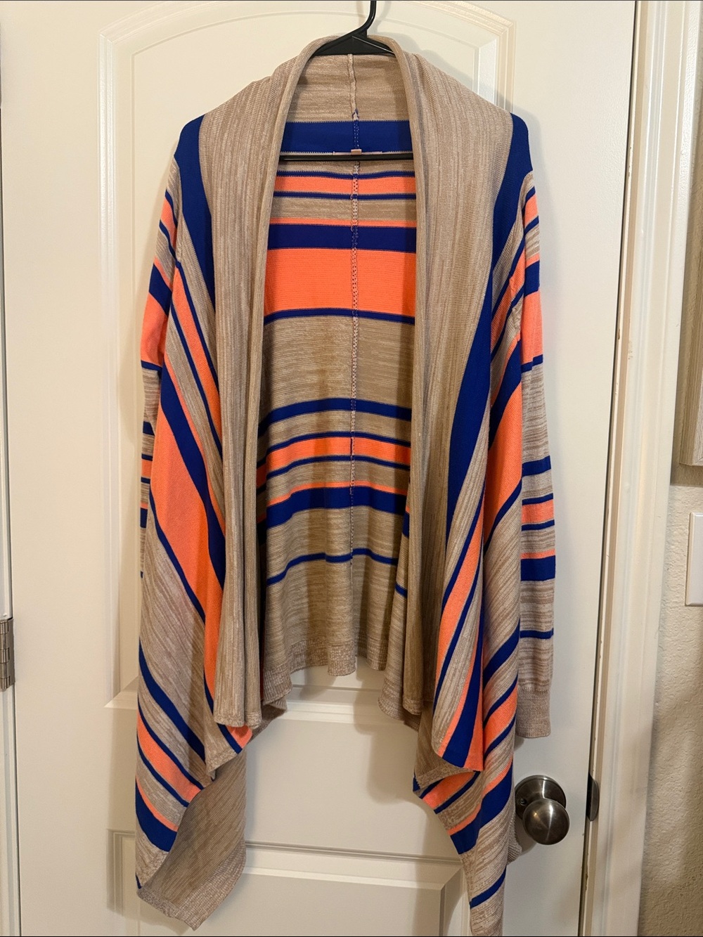 Gibson Latimer Draped Striped Open-Front Cardigan in Tan, Blue & Orange